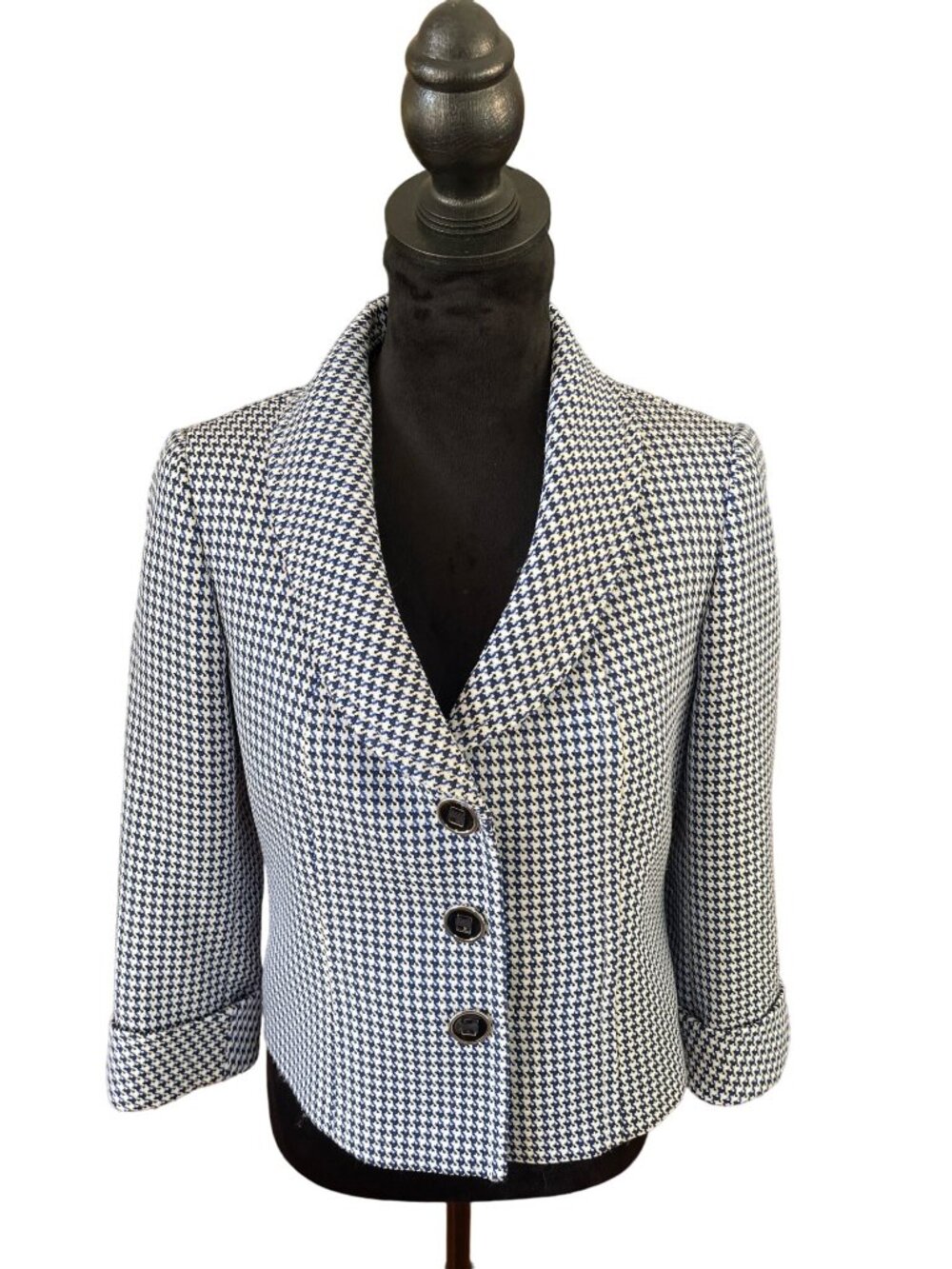 Tahari Women's Fitted Black Navy Blue and White Checked Blazer Jacket Size 2P